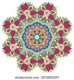 Mandala flower decoration, hand drawn round ornament, isolated design element on a white background. Vector geometric floral pattern. Tribal ethnic fashion motif for paper, textile, cloth fabric print