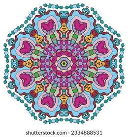 Mandala flower decoration, hand drawn round ornament, isolated design element on a white background. Vector geometric floral pattern. Tribal ethnic fashion motif for paper, textile, cloth fabric print
