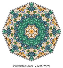 Mandala flower decoration, hand drawn round ornament, isolated design element on a white background. Vector geometric floral pattern. Tribal ethnic fashion motif for paper, textile, cloth fabric print