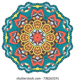 Mandala flower decoration, hand drawn round ornament, isolated design element on a white background. Vector geometric floral pattern. Tribal ethnic fashion motif for paper, textile, cloth fabric print