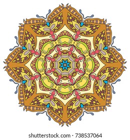 Mandala flower decoration, hand drawn round ornament, isolated design element on a white background. Vector geometric floral pattern. Tribal ethnic fashion motif for paper, textile, cloth fabric print