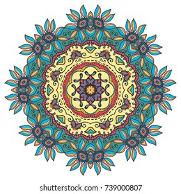 Mandala flower decoration, hand drawn round ornament, isolated design element on a white background. Vector geometric floral pattern. Tribal ethnic fashion motif for paper, textile, cloth fabric print