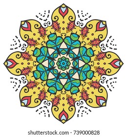 Mandala flower decoration, hand drawn round ornament, isolated design element on a white background. Vector geometric floral pattern. Tribal ethnic fashion motif for paper, textile, cloth fabric print