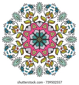 Mandala flower decoration, hand drawn round ornament, isolated design element on a white background. Vector geometric floral pattern. Tribal ethnic fashion motif for paper, textile, cloth fabric print