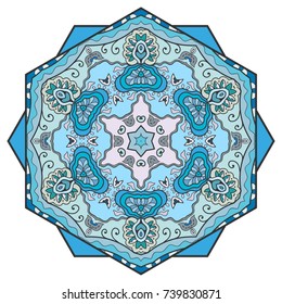 Mandala flower decoration, hand drawn round ornament, isolated design element on a white background. Vector geometric floral pattern. Tribal ethnic fashion motif for paper, textile, cloth fabric print