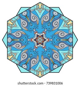 Mandala flower decoration, hand drawn round ornament, isolated design element on a white background. Vector geometric floral pattern. Tribal ethnic fashion motif for paper, textile, cloth fabric print