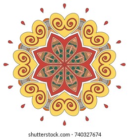 Mandala flower decoration, hand drawn round ornament, isolated design element on a white background. Vector geometric floral pattern. Tribal ethnic fashion motif for paper, textile, cloth fabric print