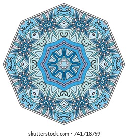 Mandala flower decoration, hand drawn round ornament, isolated design element on a white background. Vector geometric floral pattern. Tribal ethnic fashion motif for paper, textile, cloth fabric print
