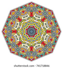 Mandala flower decoration, hand drawn round ornament, isolated design element on a white background. Vector geometric floral pattern. Tribal ethnic fashion motif for paper, textile, cloth fabric print