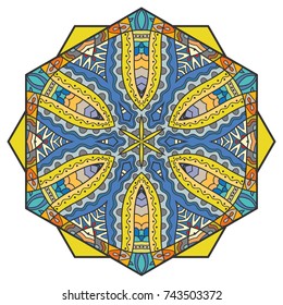 Mandala flower decoration, hand drawn round ornament, isolated design element on a white background. Vector geometric floral pattern. Tribal ethnic fashion motif for paper, textile, cloth fabric print