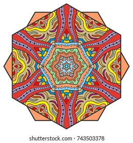 Mandala flower decoration, hand drawn round ornament, isolated design element on a white background. Vector geometric floral pattern. Tribal ethnic fashion motif for paper, textile, cloth fabric print