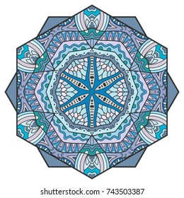 Mandala flower decoration, hand drawn round ornament, isolated design element on a white background. Vector geometric floral pattern. Tribal ethnic fashion motif for paper, textile, cloth fabric print