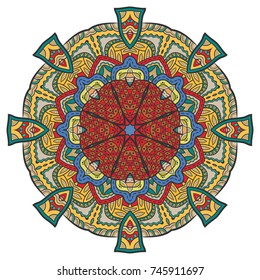 Mandala flower decoration, hand drawn round ornament, isolated design element on a white background. Vector geometric floral pattern. Tribal ethnic fashion motif for paper, textile, cloth fabric print