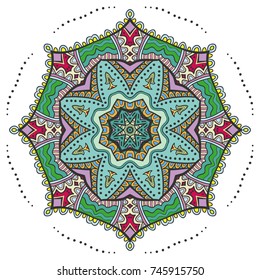 Mandala flower decoration, hand drawn round ornament, isolated design element on a white background. Vector geometric floral pattern. Tribal ethnic fashion motif for paper, textile, cloth fabric print