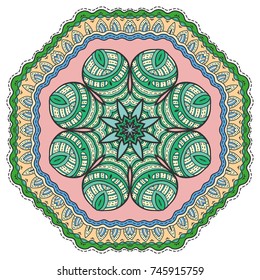 Mandala flower decoration, hand drawn round ornament, isolated design element on a white background. Vector geometric floral pattern. Tribal ethnic fashion motif for paper, textile, cloth fabric print