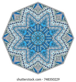 Mandala flower decoration, hand drawn round ornament, isolated design element on a white background. Vector geometric floral pattern. Tribal ethnic fashion motif for paper, textile, cloth fabric print