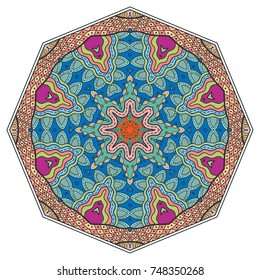 Mandala flower decoration, hand drawn round ornament, isolated design element on a white background. Vector geometric floral pattern. Tribal ethnic fashion motif for paper, textile, cloth fabric print