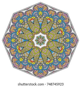 Mandala flower decoration, hand drawn round ornament, isolated design element on a white background. Vector geometric floral pattern. Tribal ethnic fashion motif for paper, textile, cloth fabric print