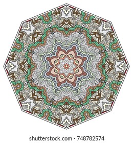Mandala flower decoration, hand drawn round ornament, isolated design element on a white background. Vector geometric floral pattern. Tribal ethnic fashion motif for paper, textile, cloth fabric print