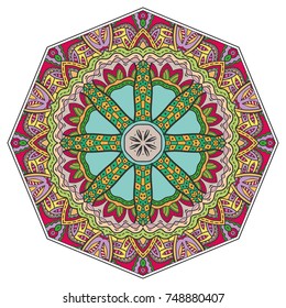 Mandala flower decoration, hand drawn round ornament, isolated design element on a white background. Vector geometric floral pattern. Tribal ethnic fashion motif for paper, textile, cloth fabric print