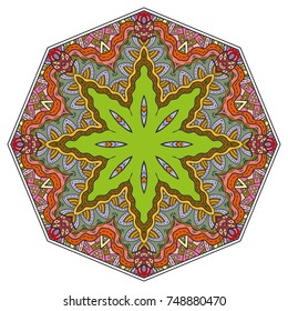 Mandala flower decoration, hand drawn round ornament, isolated design element on a white background. Vector geometric floral pattern. Tribal ethnic fashion motif for paper, textile, cloth fabric print