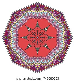 Mandala flower decoration, hand drawn round ornament, isolated design element on a white background. Vector geometric floral pattern. Tribal ethnic fashion motif for paper, textile, cloth fabric print