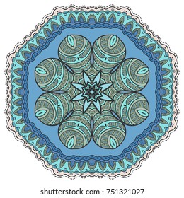 Mandala flower decoration, hand drawn round ornament, isolated design element on a white background. Vector geometric floral pattern. Tribal ethnic fashion motif for paper, textile, cloth fabric print