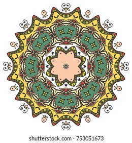 Mandala flower decoration, hand drawn round ornament, isolated design element on a white background. Vector geometric floral pattern. Tribal ethnic fashion motif for paper, textile, cloth fabric print