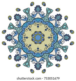 Mandala flower decoration, hand drawn round ornament, isolated design element on a white background. Vector geometric floral pattern. Tribal ethnic fashion motif for paper, textile, cloth fabric print