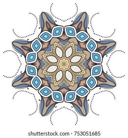 Mandala flower decoration, hand drawn round ornament, isolated design element on a white background. Vector geometric floral pattern. Tribal ethnic fashion motif for paper, textile, cloth fabric print