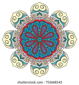 Mandala flower decoration, hand drawn round ornament, isolated design element on a white background. Vector geometric floral pattern. Tribal ethnic fashion motif for paper, textile, cloth fabric print
