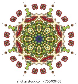 Mandala flower decoration, hand drawn round ornament, isolated design element on a white background. Vector geometric floral pattern. Tribal ethnic fashion motif for paper, textile, cloth fabric print