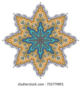 Mandala flower decoration, hand drawn round ornament, isolated design element on a white background. Vector geometric floral pattern. Tribal ethnic fashion motif for paper, textile, cloth fabric print