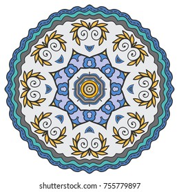 Mandala flower decoration, hand drawn round ornament, isolated design element on a white background. Vector geometric floral pattern. Tribal ethnic fashion motif for paper, textile, cloth fabric print