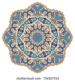 Mandala flower decoration, hand drawn round ornament, isolated design element on a white background. Vector geometric floral pattern. Tribal ethnic fashion motif for paper, textile, cloth fabric print