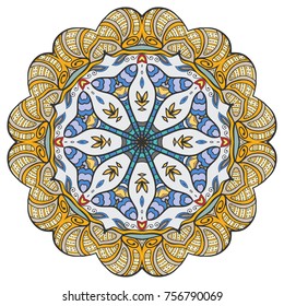 Mandala flower decoration, hand drawn round ornament, isolated design element on a white background. Vector geometric floral pattern. Tribal ethnic fashion motif for paper, textile, cloth fabric print