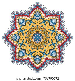 Mandala flower decoration, hand drawn round ornament, isolated design element on a white background. Vector geometric floral pattern. Tribal ethnic fashion motif for paper, textile, cloth fabric print