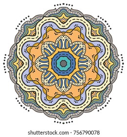 Mandala flower decoration, hand drawn round ornament, isolated design element on a white background. Vector geometric floral pattern. Tribal ethnic fashion motif for paper, textile, cloth fabric print