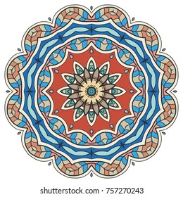Mandala flower decoration, hand drawn round ornament, isolated design element on a white background. Vector geometric floral pattern. Tribal ethnic fashion motif for paper, textile, cloth fabric print