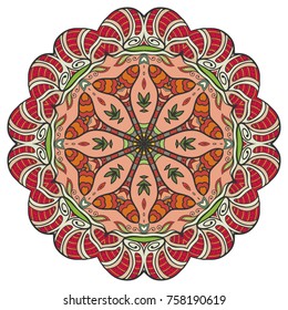 Mandala flower decoration, hand drawn round ornament, isolated design element on a white background. Vector geometric floral pattern. Tribal ethnic fashion motif for paper, textile, cloth fabric print