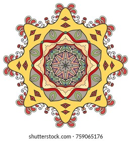 Mandala flower decoration, hand drawn round ornament, isolated design element on a white background. Vector geometric floral pattern. Tribal ethnic fashion motif for paper, textile, cloth fabric print