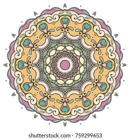 Mandala flower decoration, hand drawn round ornament, isolated design element on a white background. Vector geometric floral pattern. Tribal ethnic fashion motif for paper, textile, cloth fabric print