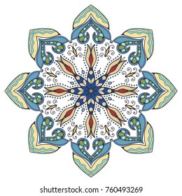 Mandala flower decoration, hand drawn round ornament, isolated design element on a white background. Vector geometric floral pattern. Tribal ethnic fashion motif for paper, textile, cloth fabric print