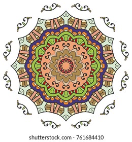 Mandala flower decoration, hand drawn round ornament, isolated design element on a white background. Vector geometric floral pattern. Tribal ethnic fashion motif for paper, textile, cloth fabric print