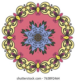 Mandala flower decoration, hand drawn round ornament, isolated design element on a white background. Vector geometric floral pattern. Tribal ethnic fashion motif for paper, textile, cloth fabric print