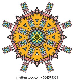 Mandala flower decoration, hand drawn round ornament, isolated design element on a white background. Vector geometric floral pattern. Tribal ethnic fashion motif for paper, textile, cloth fabric print