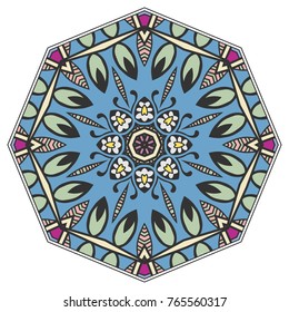 Mandala flower decoration, hand drawn round ornament, isolated design element on a white background. Vector geometric floral pattern. Tribal ethnic fashion motif for paper, textile, cloth fabric print