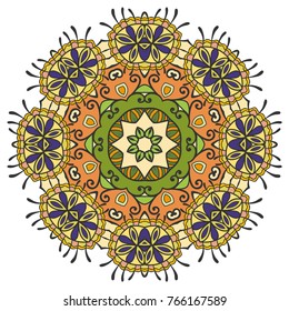 Mandala flower decoration, hand drawn round ornament, isolated design element on a white background. Vector geometric floral pattern. Tribal ethnic fashion motif for paper, textile, cloth fabric print