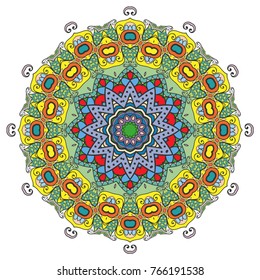 Mandala flower decoration, hand drawn round ornament, isolated design element on a white background. Vector geometric floral pattern. Tribal ethnic fashion motif for paper, textile, cloth fabric print