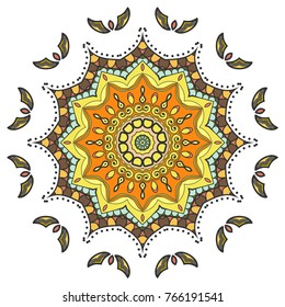 Mandala flower decoration, hand drawn round ornament, isolated design element on a white background. Vector geometric floral pattern. Tribal ethnic fashion motif for paper, textile, cloth fabric print